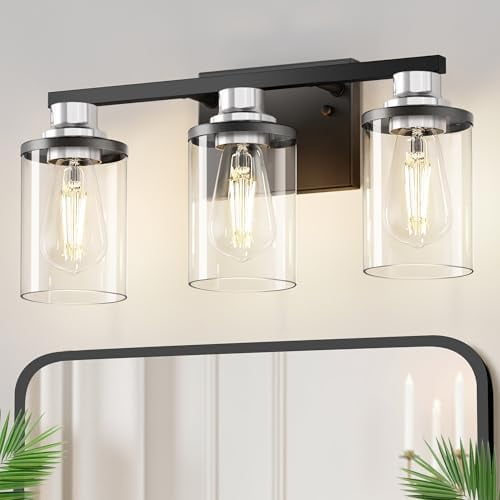 17 Inch Bathroom Light Fixtures, 3-Light Black and Chrome Bathroom Lighting Fixtures Over Mirror with Clear Glass Shade, Vanity Lights for Living Room Bedroom