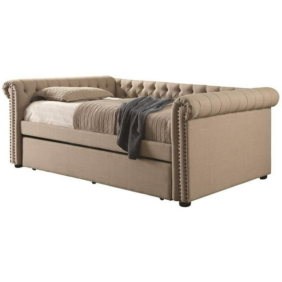 Bowery Hill Contemporary Fabric Tufted Queen Daybed with Trundle in Beige
