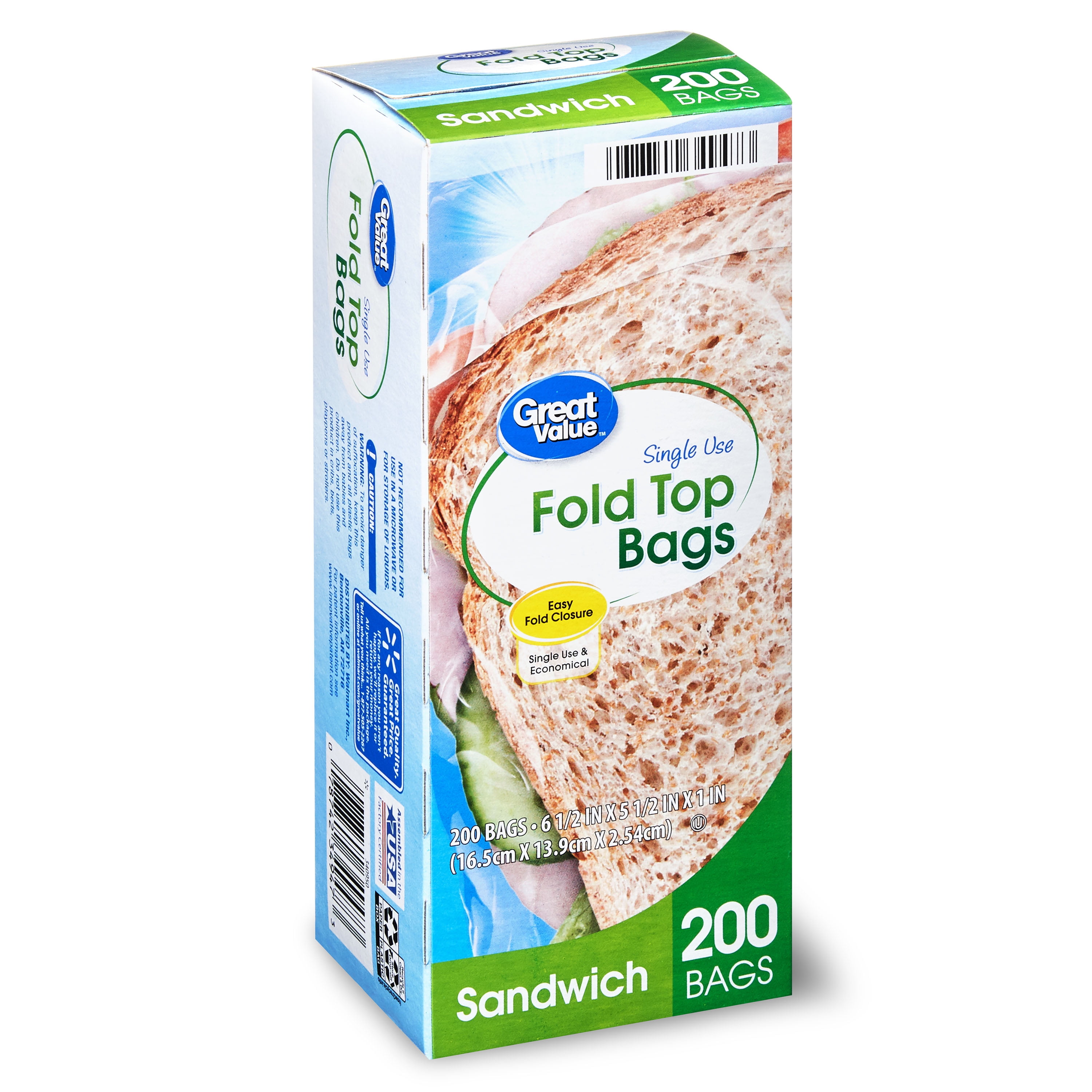 Great Value Single Use Fold Top Sandwich Bags, 200 Count