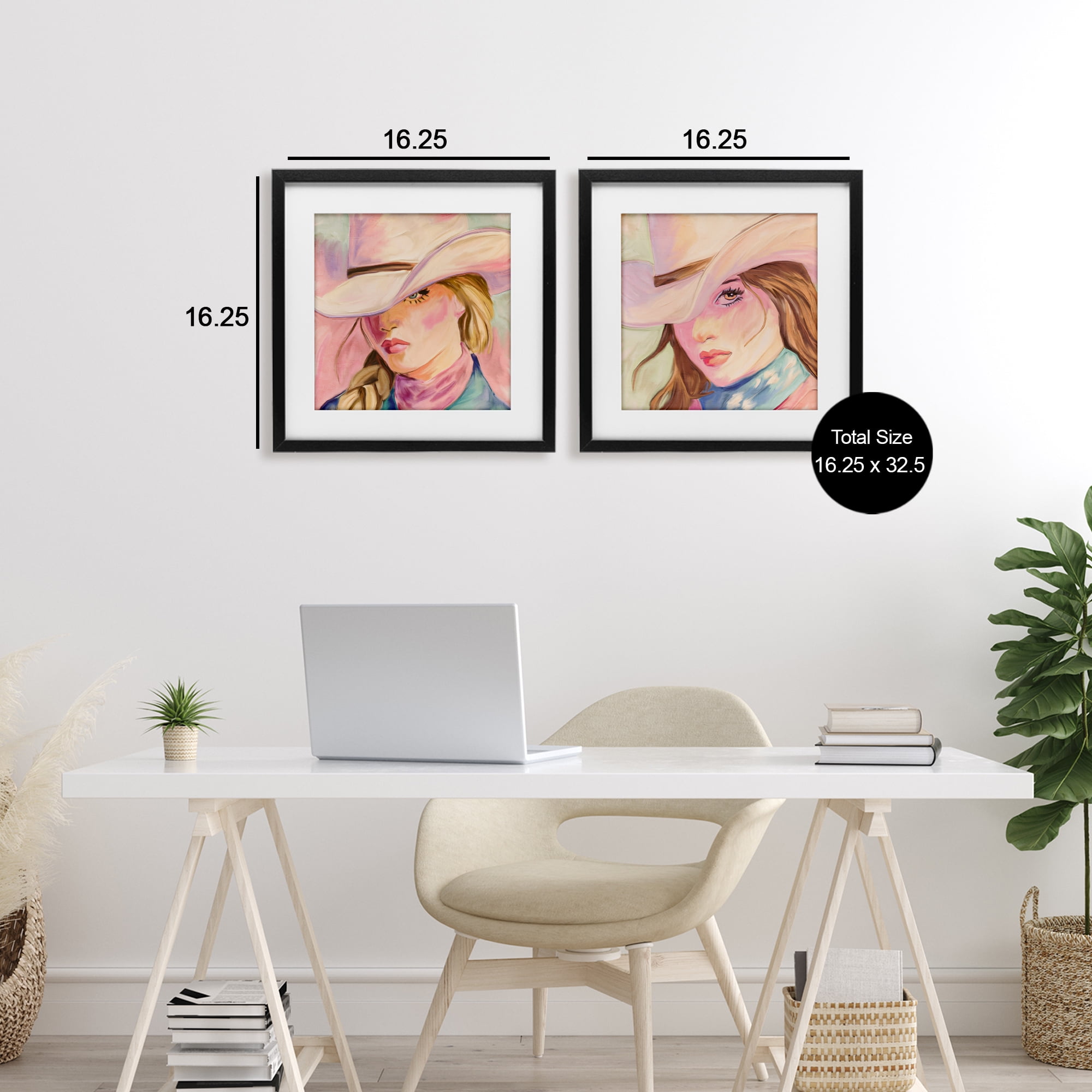 Pastel Cowgirls Gazing 2 Piece Black Framed Print Under Glass Set, design by Kim Allen