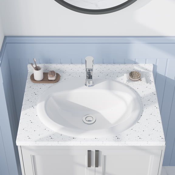 Vessel Sink 20.24x17.01 Inch, Ceramic Semi-Recessed Bathroom Sink, Round White Vessel Sink with Single Faucet Hole, Above Counter Vanity Basin