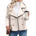 thumbnail image 3 of Women Contrast Trim Double Breasted -Jacket Long Sleeve Cropped Casual Loose Fit Coats with Pockets Beige S, 3 of 9