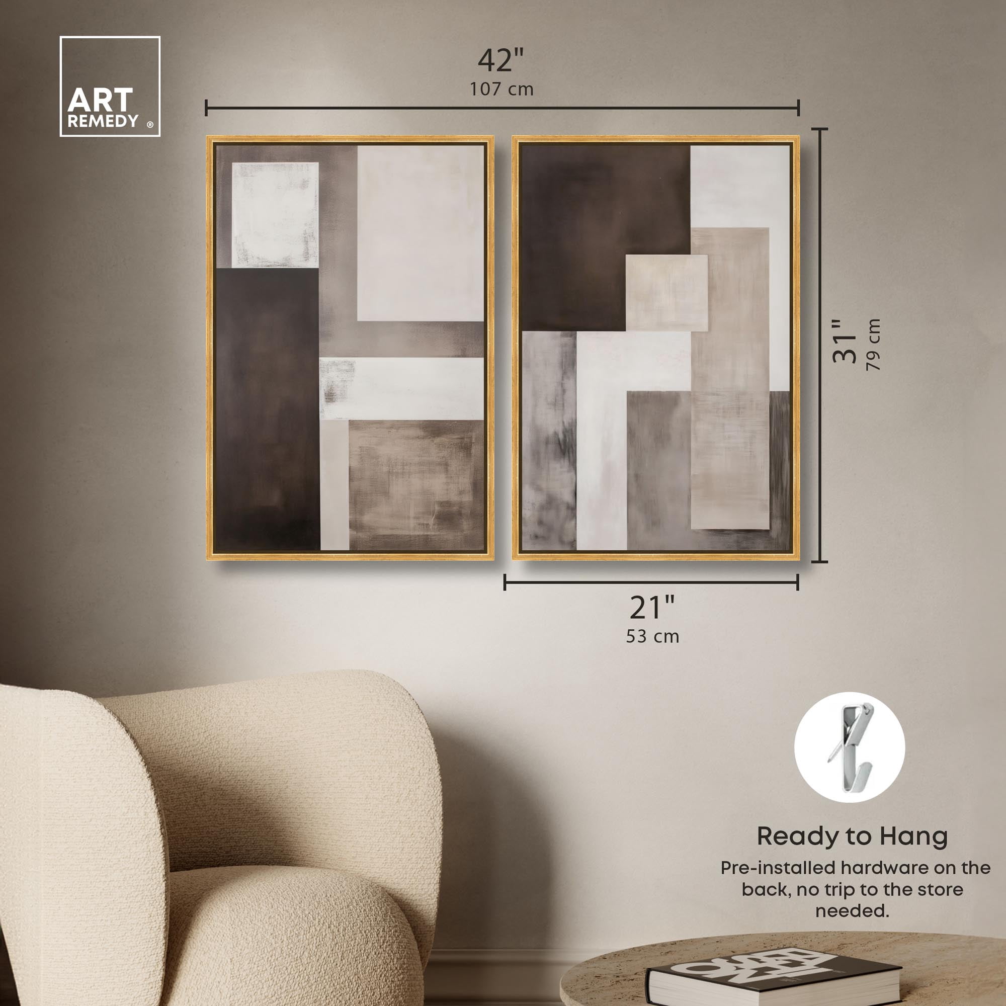Quiet Geometries Set Canvas Print Brown Wall Art Set by Art Remedy, Gold Frame, 20 x 30