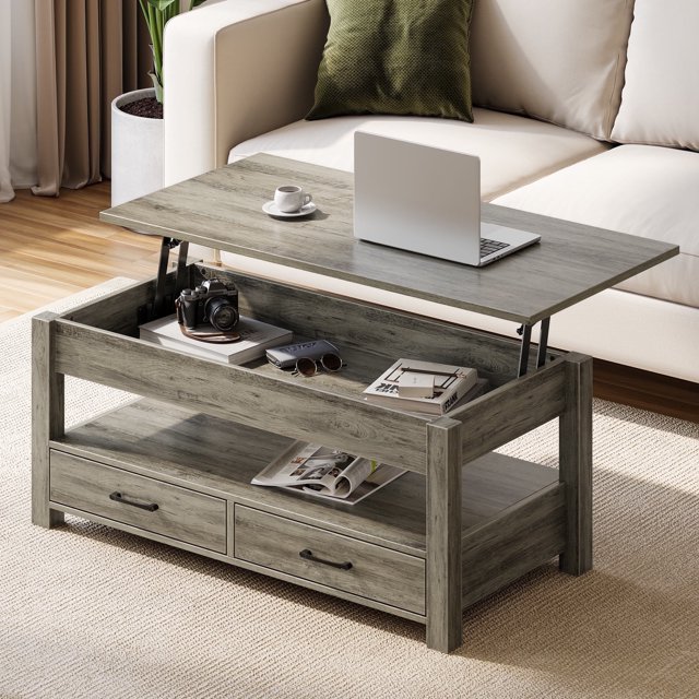 Greenstell Table Basse à Plateau Relevable avec 2 Tiroirs, 47 Pouces de Large, Chêne Lavé
