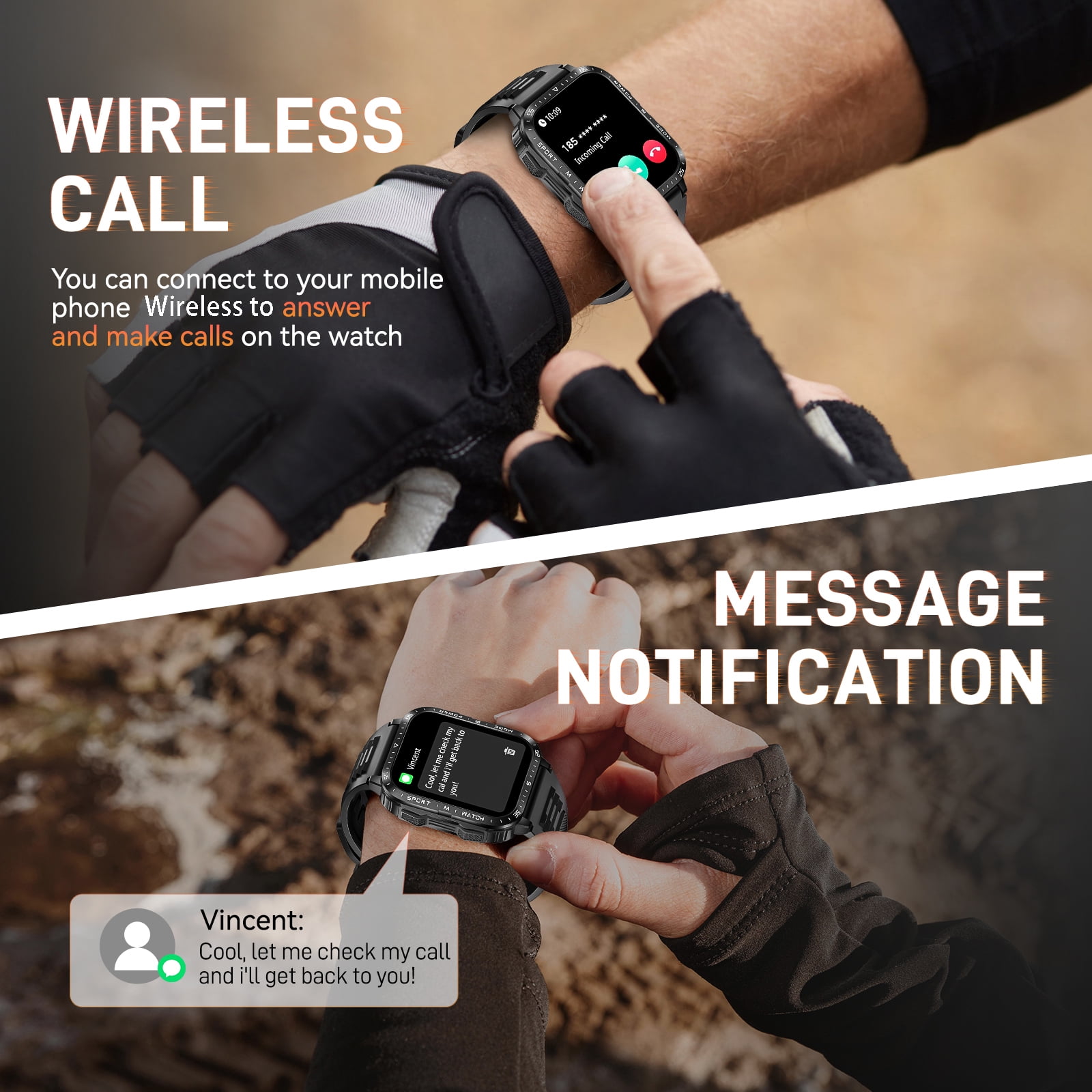 XAXRE KT79 Smart Watch for Men with 1.96" Big Screen LED Flashlight/UV Light 3ATM Waterproof Rugged Smartwatch with Text and Call for iOS Android, 1pc