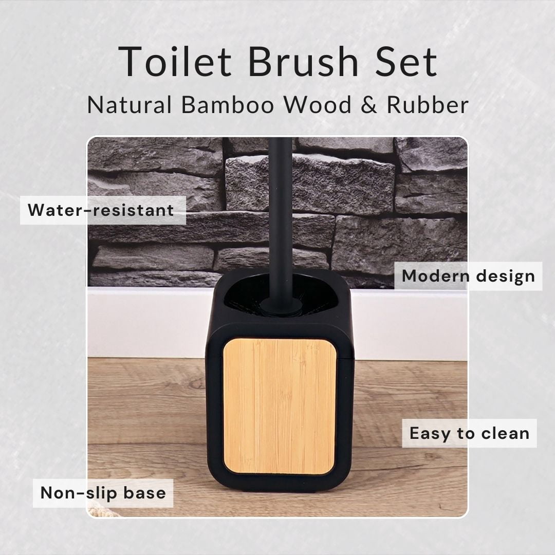 Toilet Brush and Holder Black Rubber and Bamboo