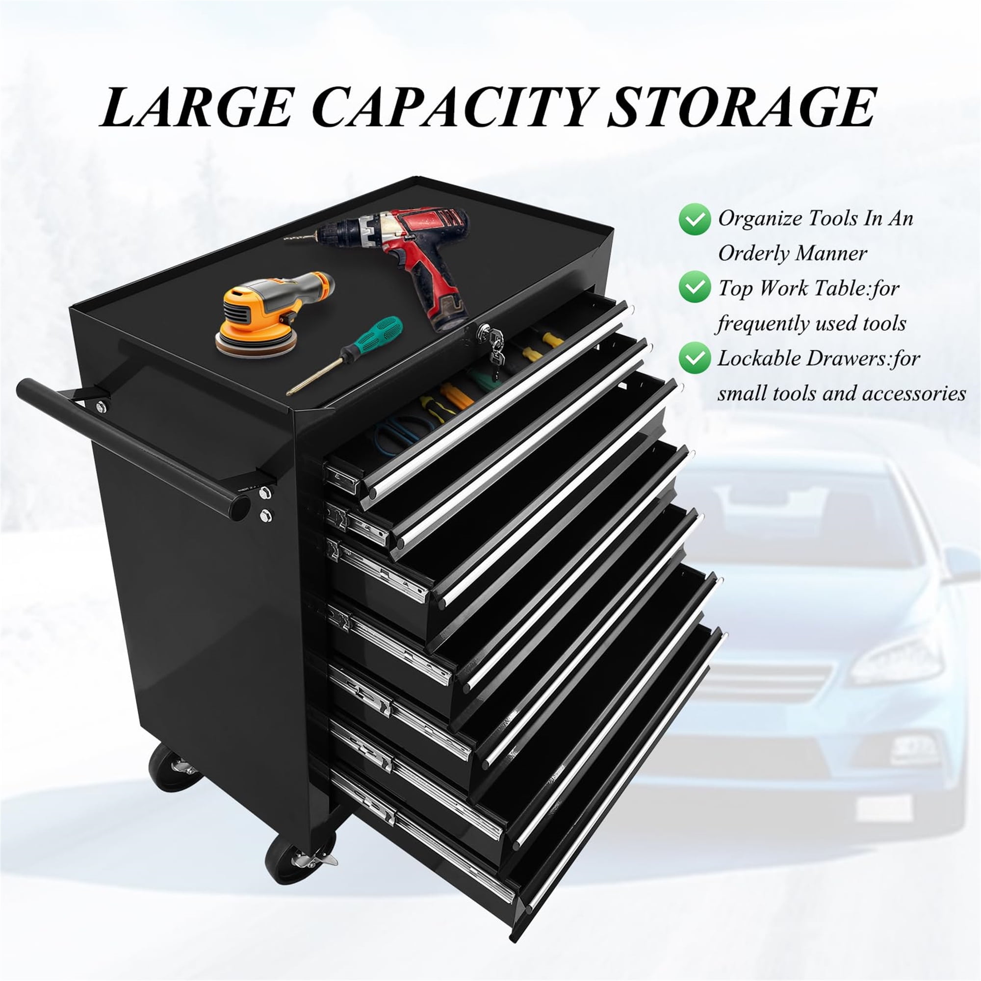 Aukfa Tool Chest, 24.5 in 7-Drawer Steel Rolling Tool Box on Wheels for Workshop Garage, Black