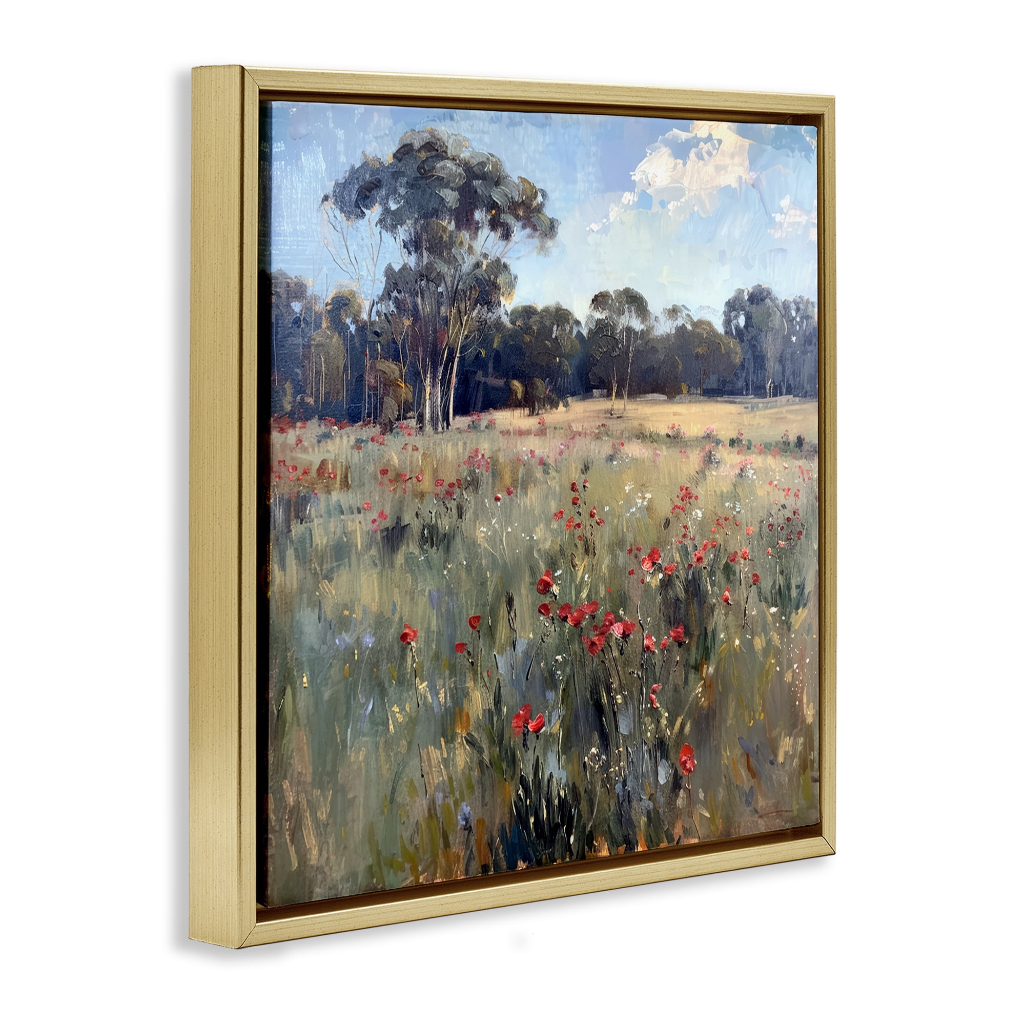 Stupell Industries Poppies in Vast Field Landscape & Nature Painting Gold Floater Framed Canvas Art Print Wall Art, 18 x 18