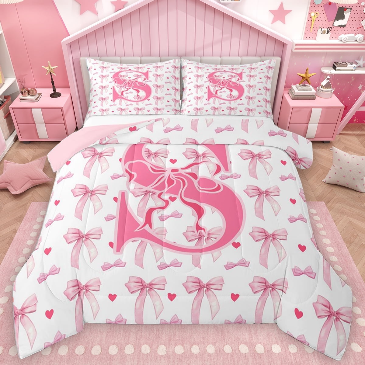 Homewish Girls Personalized Gifts Bedding Comforter Set Pink Letter S Twin Comforter Sets Ribbon Bowtie Bowknot Bedding Set For Princess Lightweight Room Decoration Reversible 2 Pieces