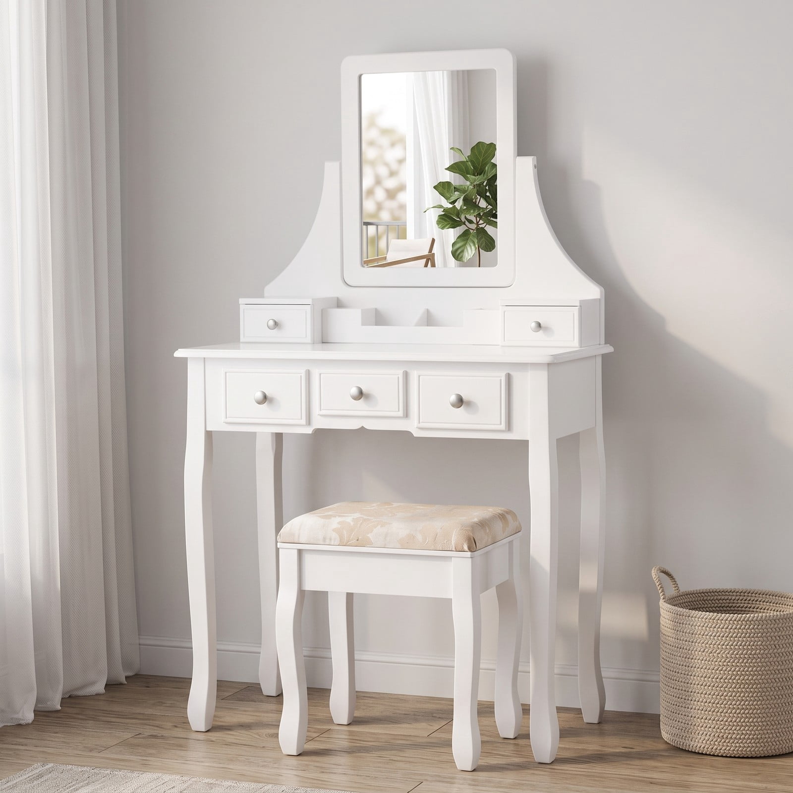 Furnibear Makeup Vanity Set with Rotatable Mirror 5 Drawers Cushioned Stool Removable Top Dressing Table for Bedroom, White