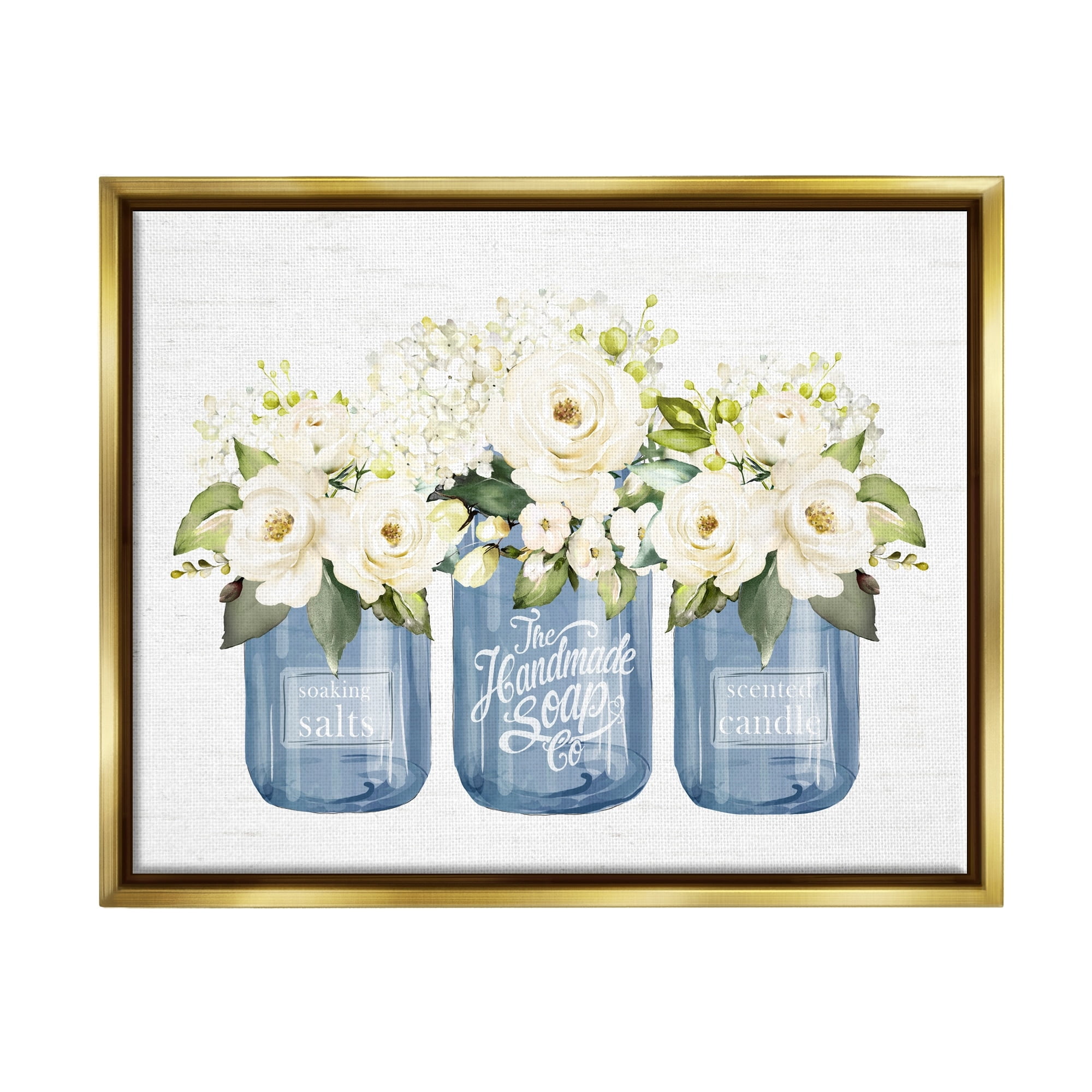 Stupell Industries White Rose Flower Bouquets Blue Farmhouse Jars Graphic Art Metallic Gold Floating Framed Canvas Print Wall Art, Design by Lettered and Lined