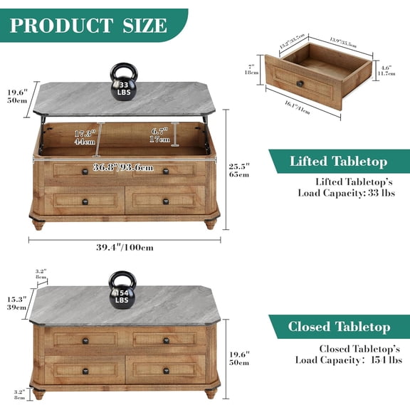 Lift Top Coffee Table with Storage 2 Drawers, Square Coffee Tables for Living Room, Farmhouse Coffee Table with Large Hidden Storage Compartment, Brown