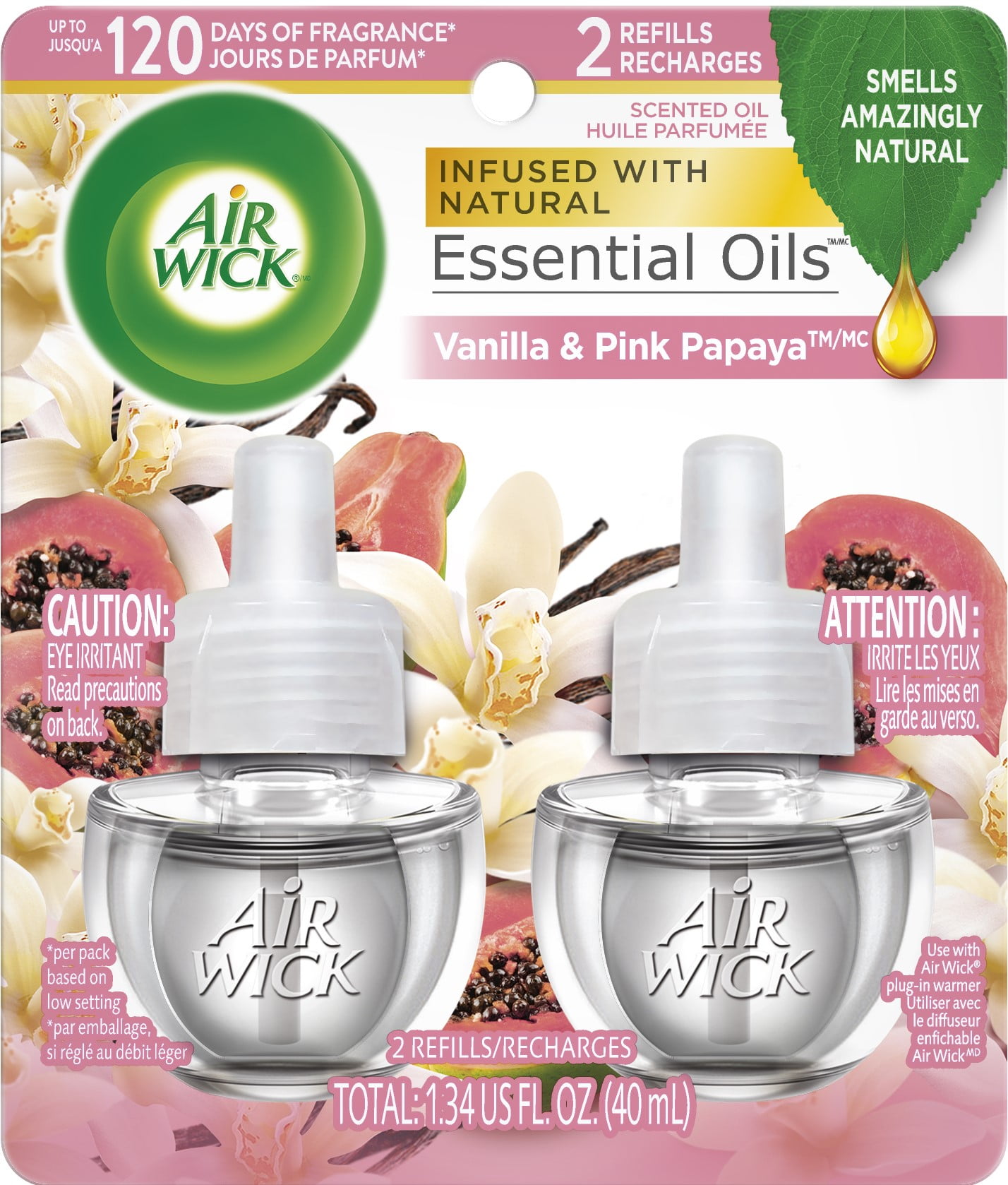Air Wick Plug in Scented Oil Refill, 2 ct, Vanilla and Pink Papaya, Air Freshener, Essential Oils
