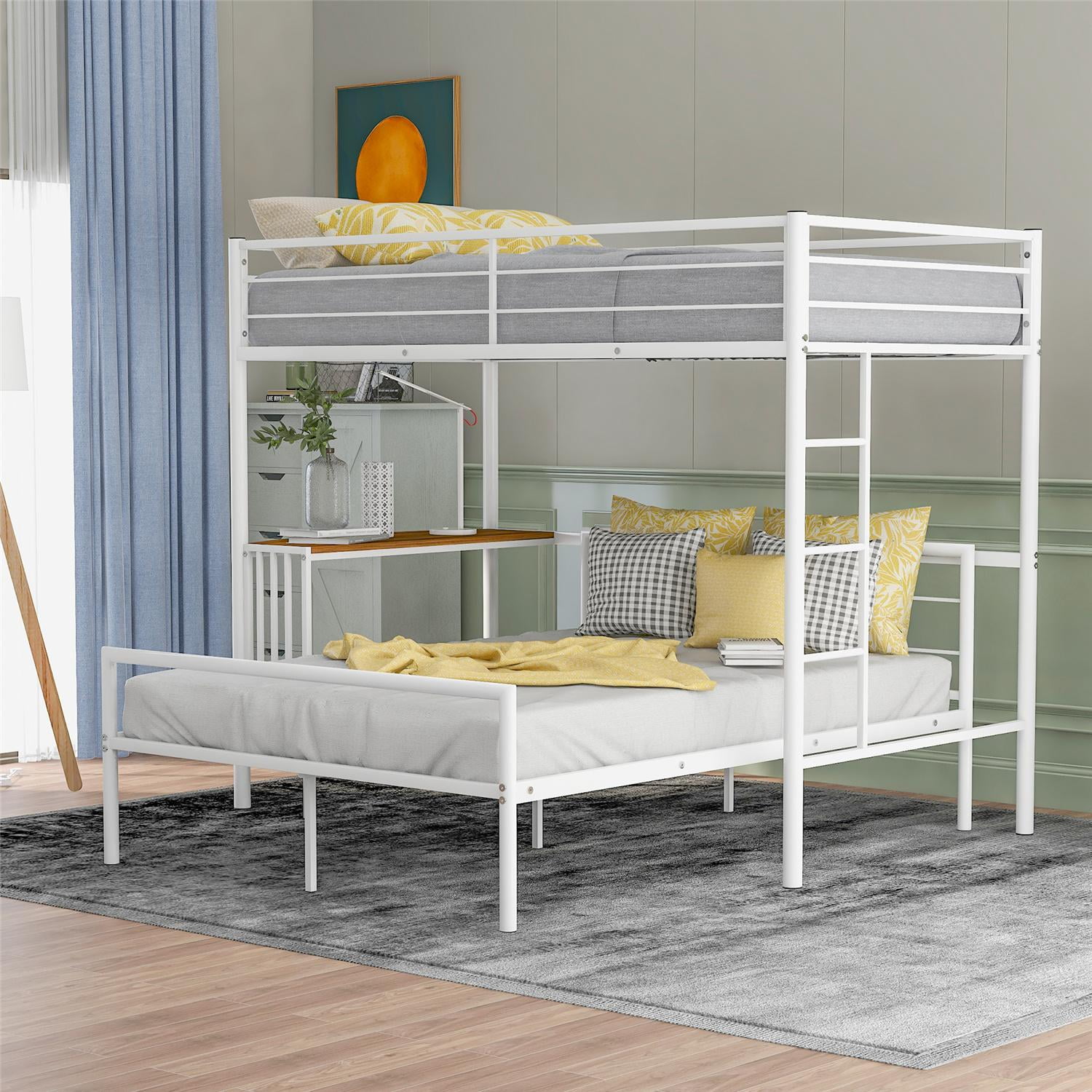 Arcticscorpion White Metal Bunk Bed with Desk, Convert to 2 Beds, Twin Over Full