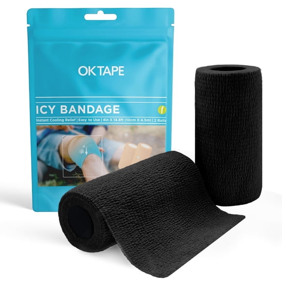 OK TAPE Ice Self Stick Bandage Wrap, Instant Cold Relief for Knee, Ankle, Wrist, Cold Compress Elastic Athletic Tape for Sports Injuries, No Refrigeration Needed, 4 Inch x 15 Feet, 2 Rolls, Black