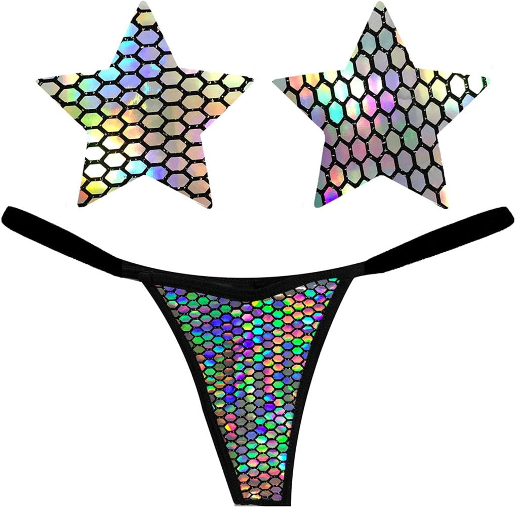 BalyFovin Mirrored Mayhem Super Holographic Naughty Knix G String Pasties and Panties Set