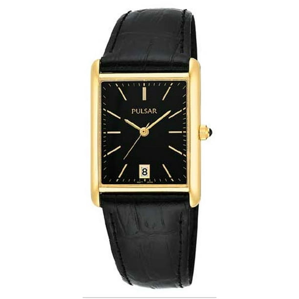 Pulsar PXDA80 Mens Dress Watch w Leather Band & Rectangular Black