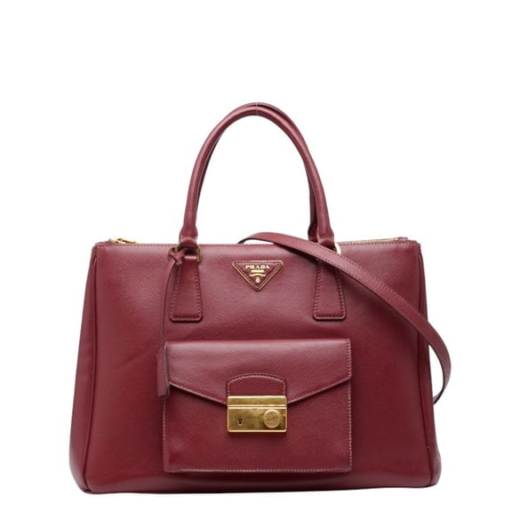 Pre-Owned Prada Triangle Logo Plate Handbag/Shoulder Bag, 2-Way, Wine Red/Bordeaux Saffiano...