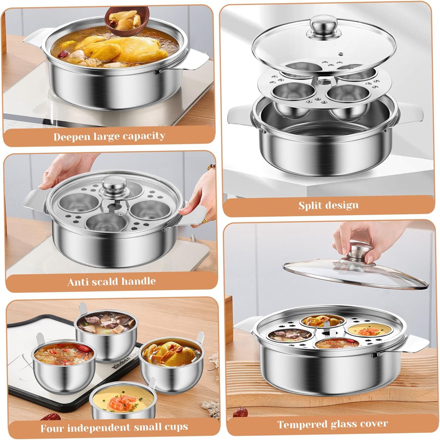 Egg Poacher ‎Stainless Steel Poached Egg Maker with 4 Cups, Nonstick Multipurpose Cooker Pot with Handle for Pots, Skillets and Pressure Cookers Poached Maker