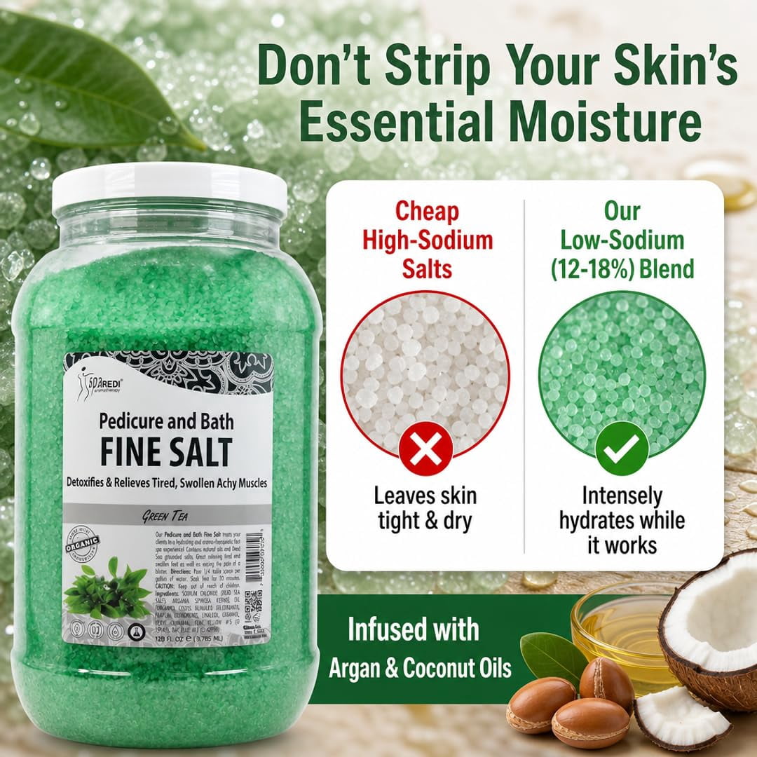 SPA REDI - Detox Foot Soak Pedicure and Bath Fine Salt, Green Tea, 128 Oz - Made with Dead Sea Salts, Argan Oil, Coconut Oil, and Essential Oil - Hydrates, Softens and Moisturizes