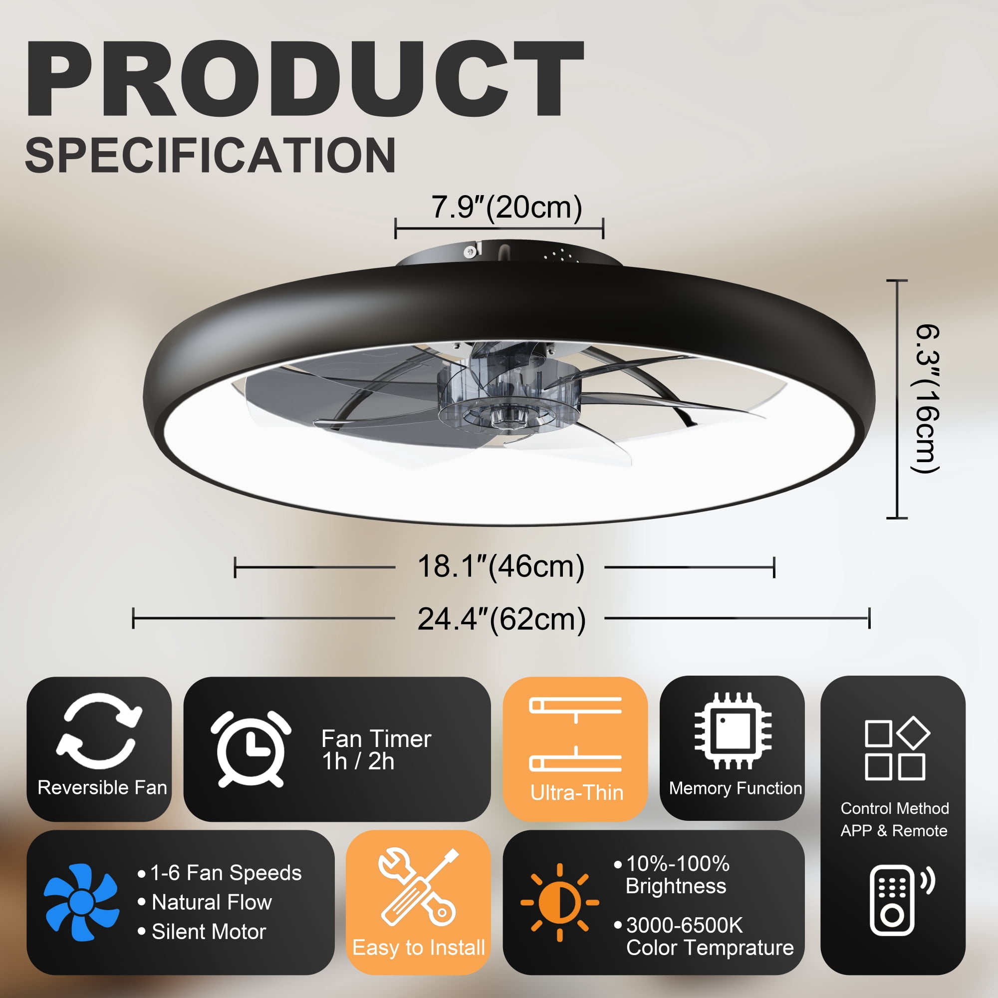 Leumius 24.4" Black Ultra-Thin Ceiling Fan with Light, 6-Speed Reversible Fandelier, 3-Color Temp Dimmable, Remote & APP Control, Silent Motor for Large Rooms Living Areas