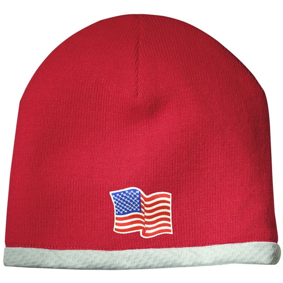 US Waving Flag Patch Performance Beanie Hat - Red