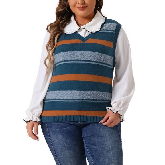 DARING DIVA Women's Plus Size V Neck Striped Knit Sweater Vests 1X Blue