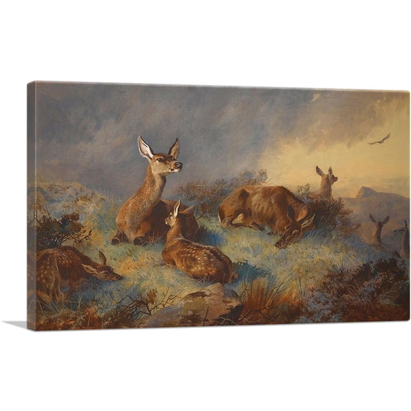 ARTCANVAS The Watchful Hinds 1895 Canvas Art Print by Archibald Thorburn - Size: 12" x 8" (0.75" Deep)