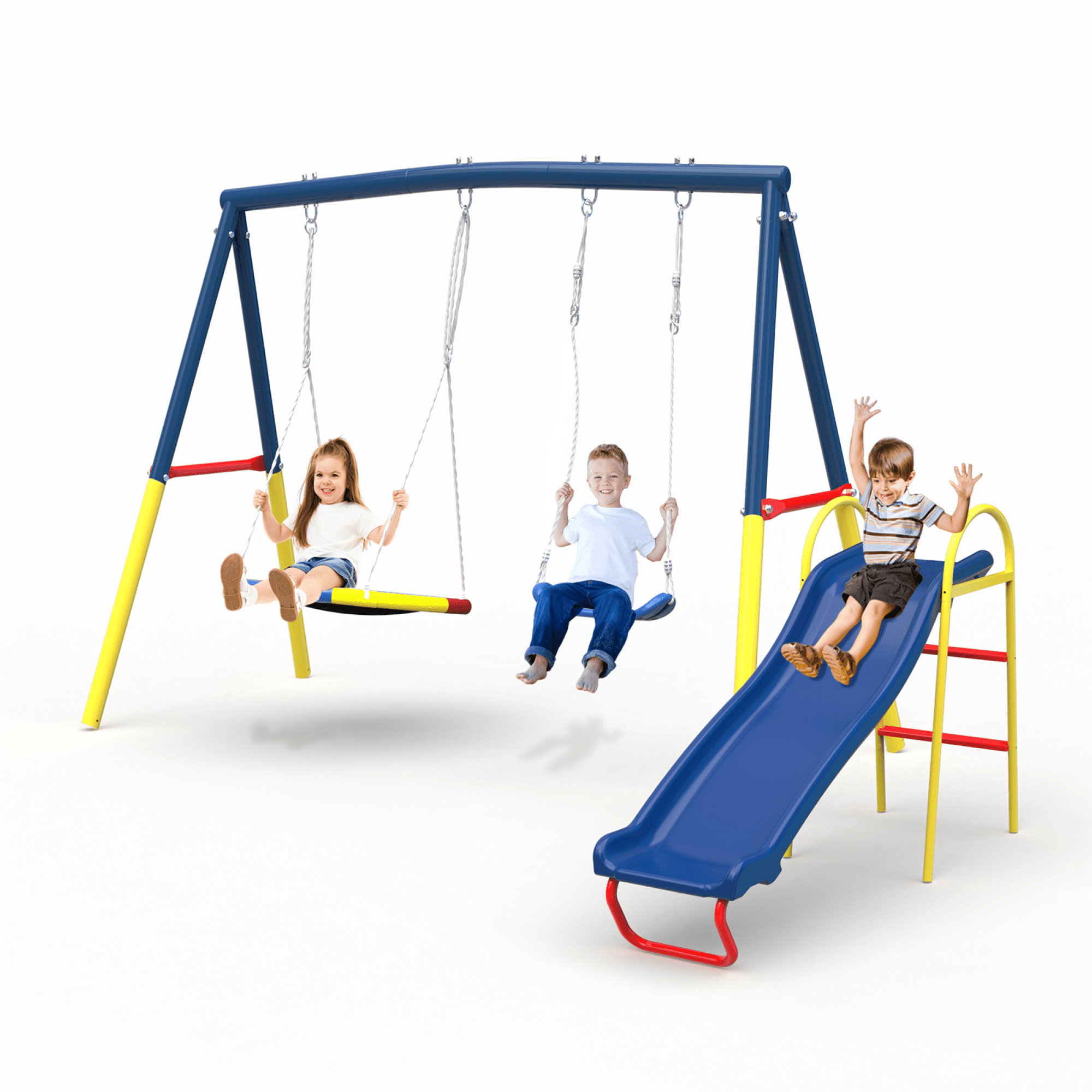 Leumius 3 in 1 Swing Set with Slide for Kids,Outdoor Heavy-Duty Metal Playset for Backyard,Blue