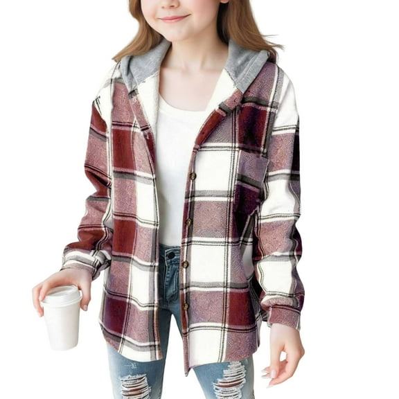 Cethrio Girls Shirt Jackets Size 7-8, Loose Fit Hooded Long Sleeve Casual Plaid Shirts Hot Pink