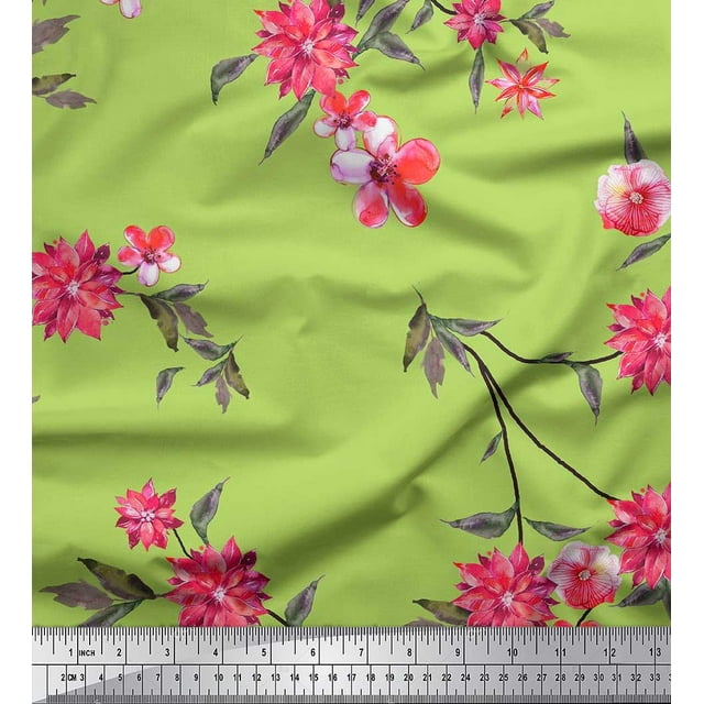 Soimoi Tissu en Coton Cambric Feuilles & Fleurs Roses Imprimé Tissu au Mètre 56 Pouces de Large
