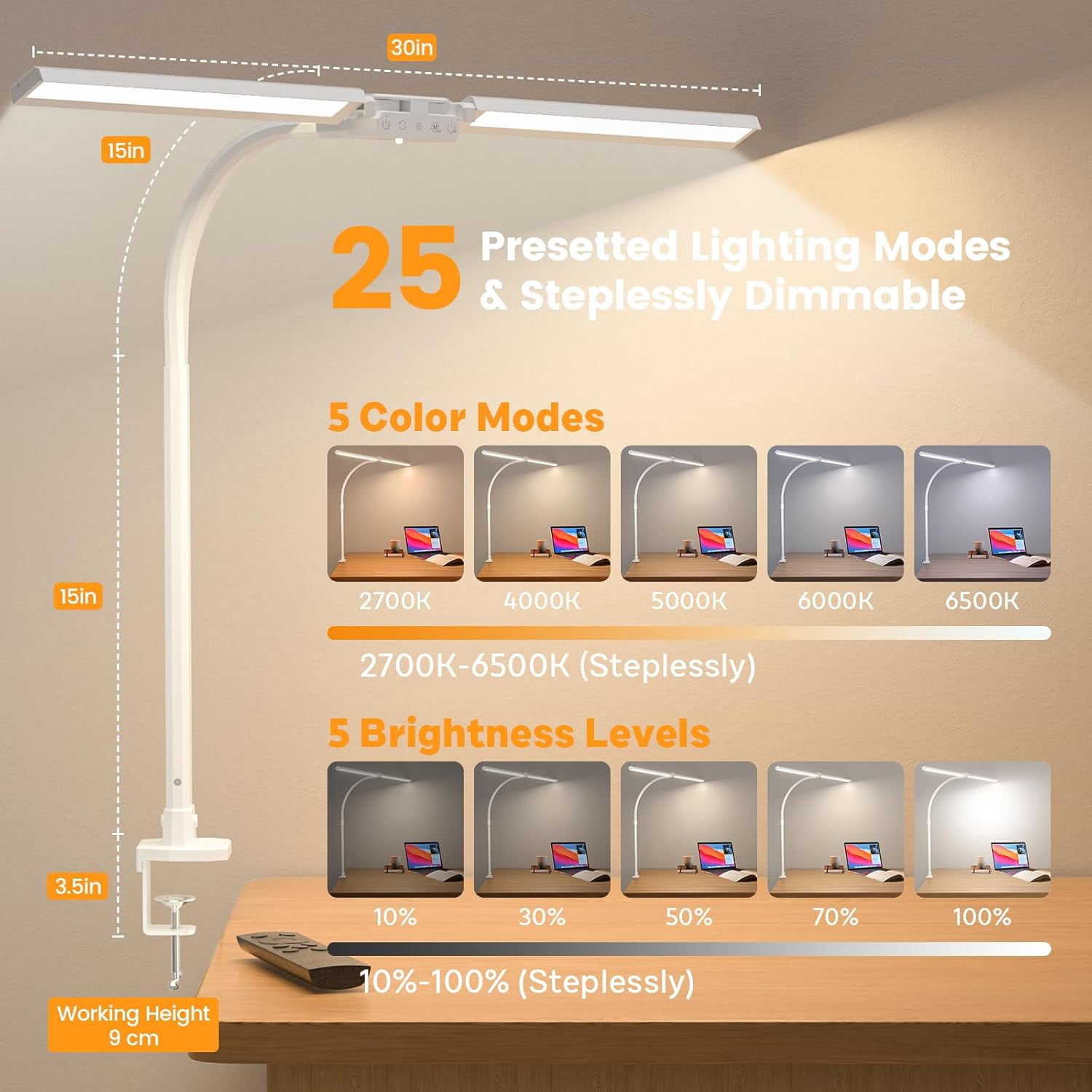 Upgraded LED Desk Lamp for Home Office with RGB, Rotatable Computer Desk Light with Remote, Tall Table Lamp with Clamp for Working, Dimmable Dual Head Task Lighting for Monitor PC, 22W