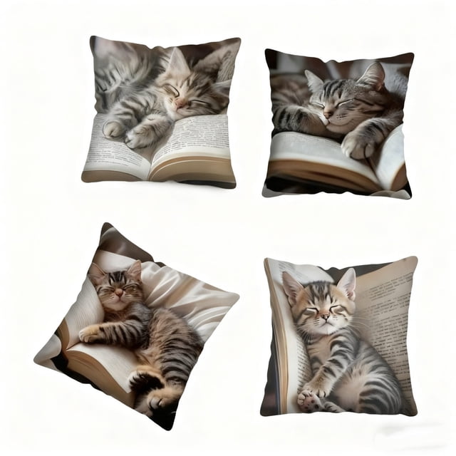 Linen Pillowcase With Sleeping Cats And Book Design 45 cm x 45 cm For Living Room Sofa Or Chair Decor