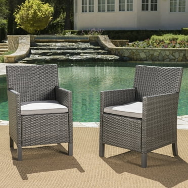Clarance Outdoor Wicker Dining Chairs with Light Grey Water Resistant Cushions, Set of 2, Grey