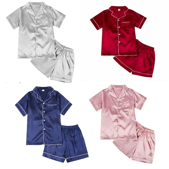 Actoyo Child Kids Boys Girls Satin Silk Pajamas Set Short Sleeve Tops  Pants Sleepwear 2pcs Size 4-10Years