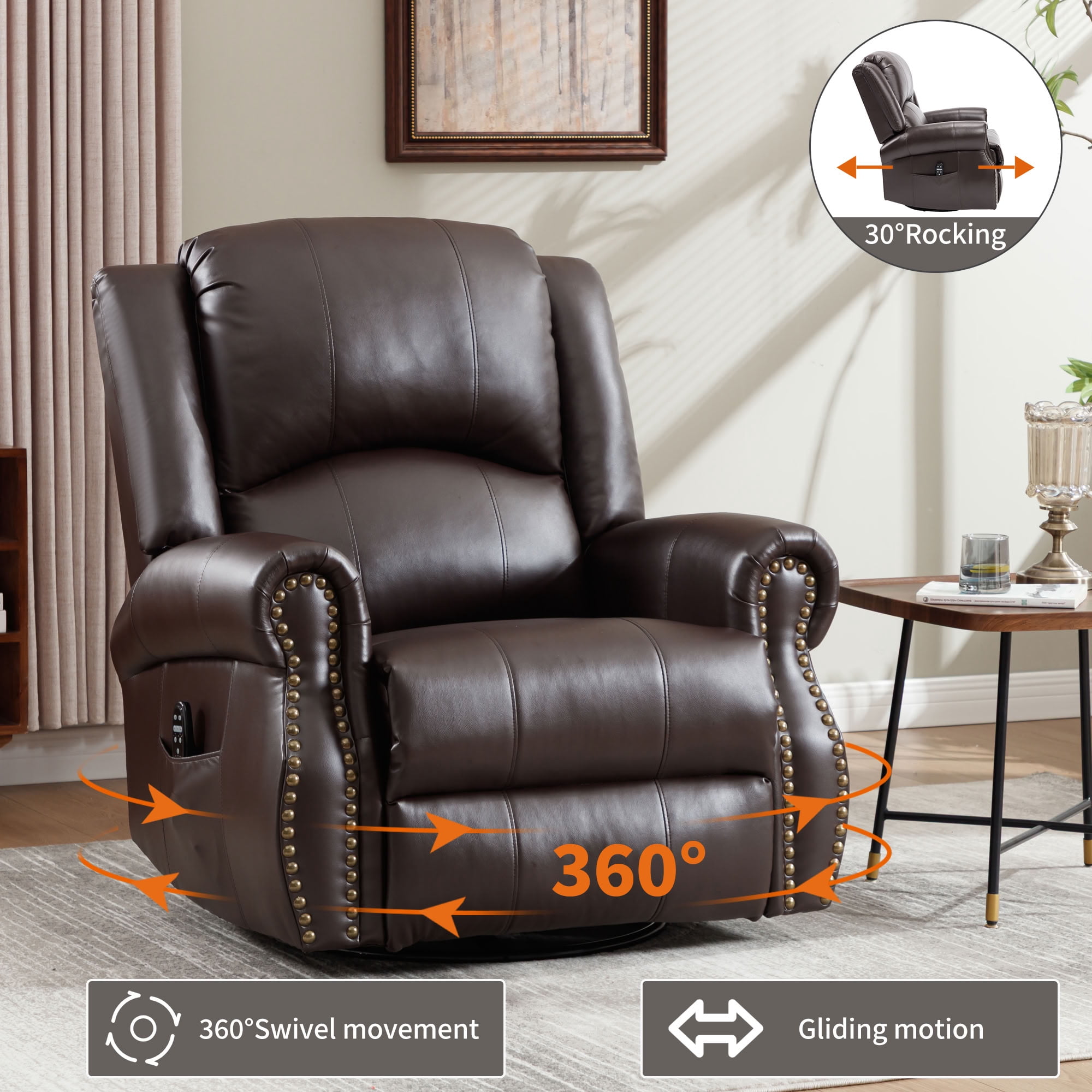 MAYEERTY 360 Degree Swivel Rocker Recliner Chair, Leather Manual Recline Glider Armchair with 8-Point Vibration Massage & Lumbar Heat, 350 LBS Capacity for Living Room Home Theater