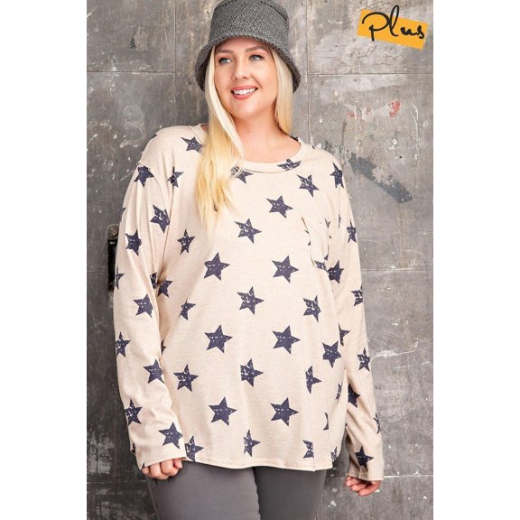 Plus Size Star Printed Poly Rayon Loose Fit Top 1XL