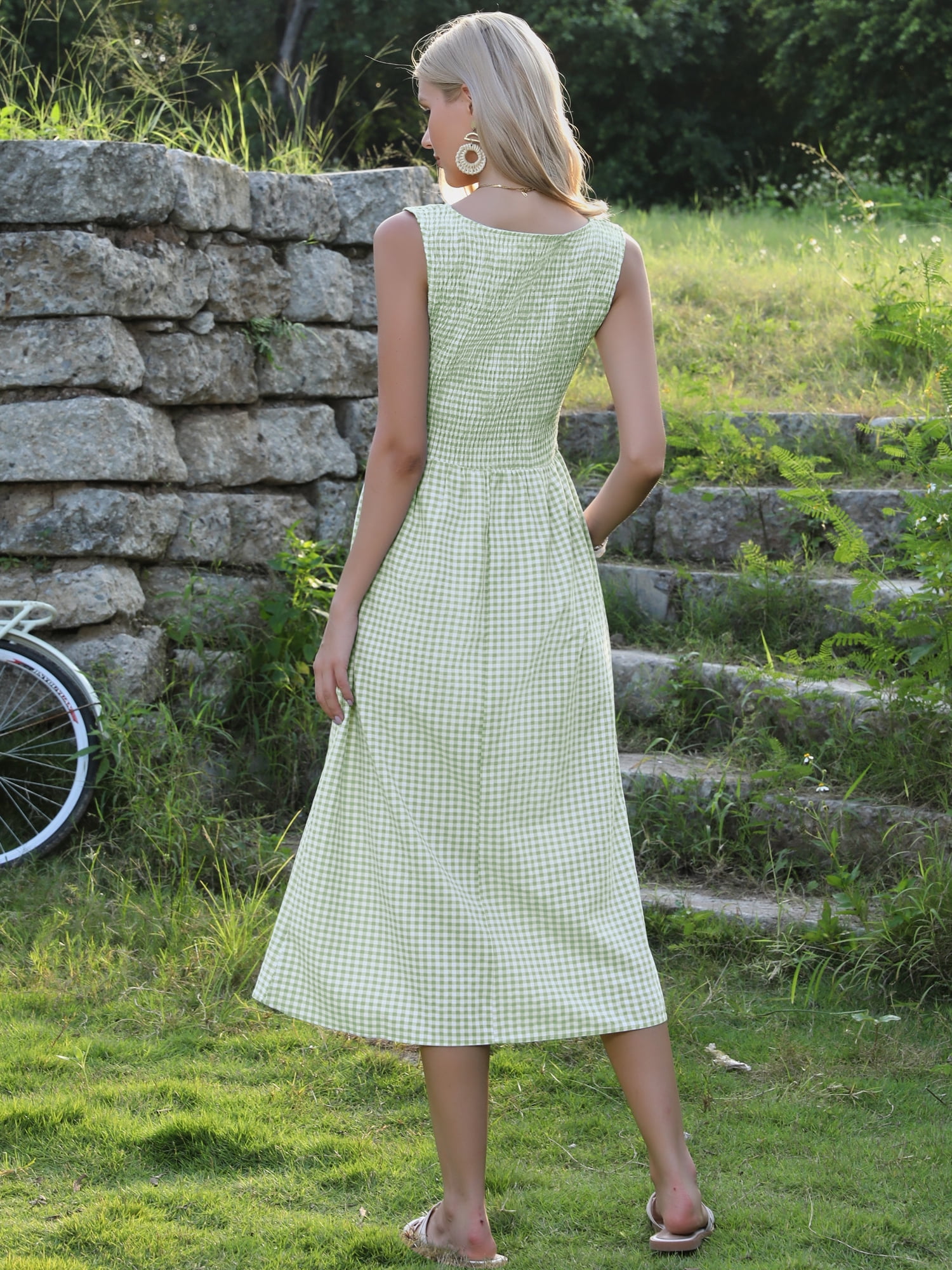 DARING DIVA Women's Gingha Sleeveless Flowy Vacation Smocked Dress XS Light Green