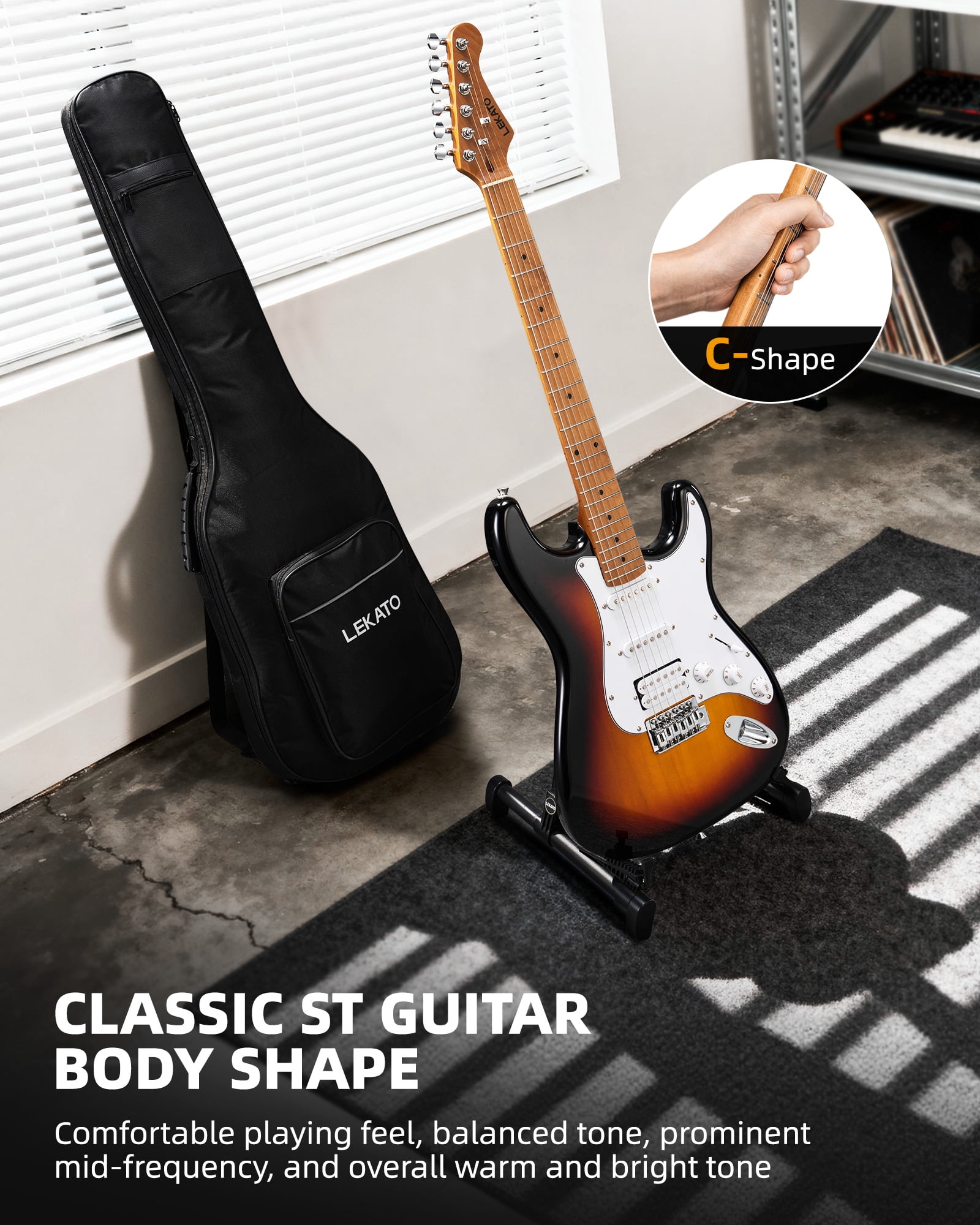 LEKATO 39-inch Electric Guitar Kit for Beginner Roasted Maple Neck & Fingerboard Stainless Steel Rounded Head Frets with Amplifier, Bag, Capo, Strap, String, Tuner, Cable, Picks