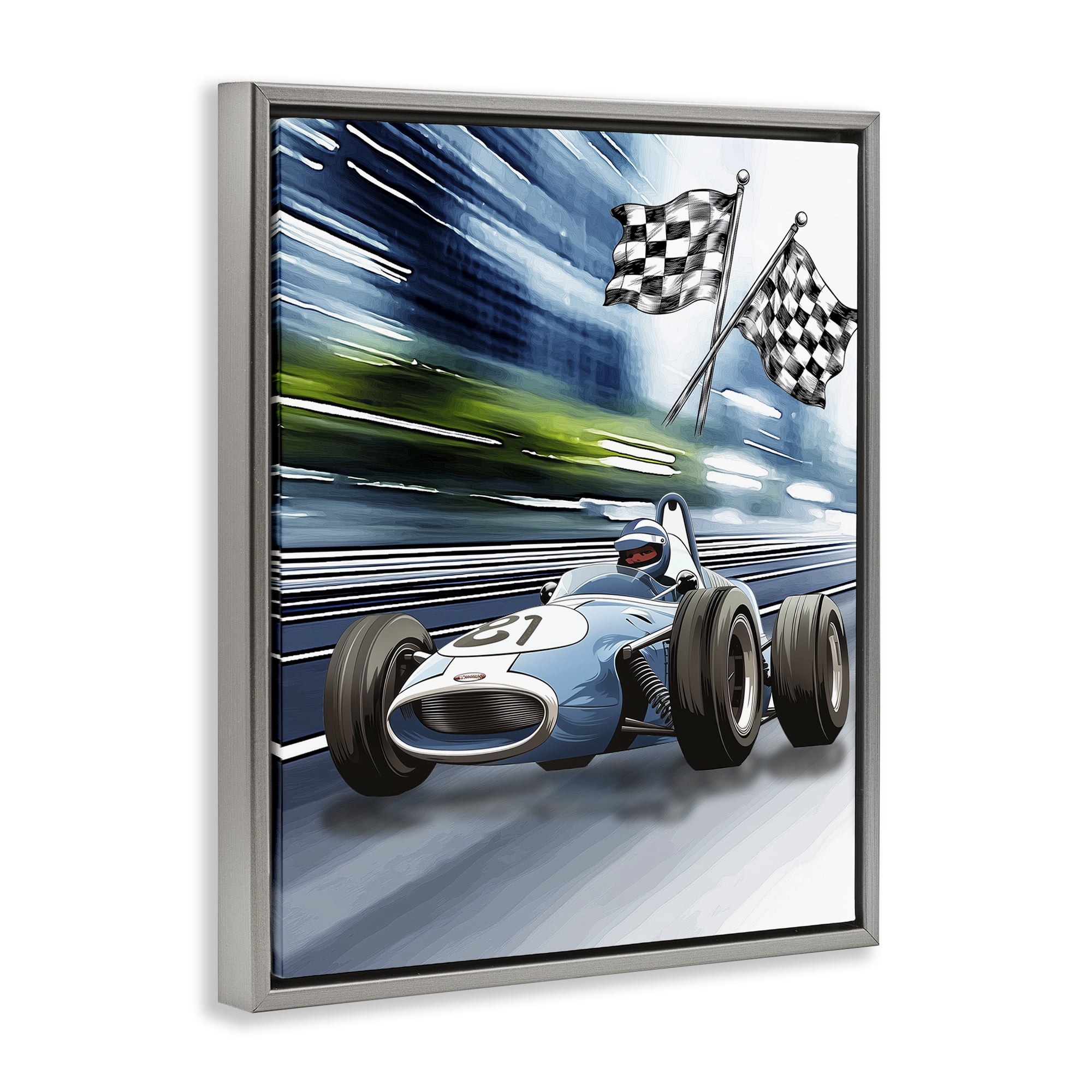 Stupell Industries Speedy Racecar with Flags Gray Framed Floater Canvas Wall Art, design by Christine Simpson Art
