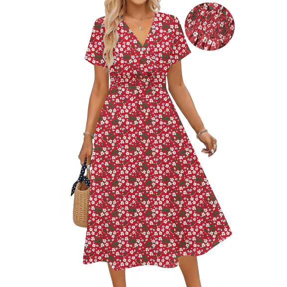 UVN Women Summer Dresses Short Sleeve V Neck A-Line Midi Dress Ladies Boho Beach Floral Print Sundress
