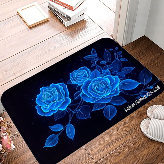 FJPT Non Slip Flannel Floor Mat Kitchen Mat Blue Rose Design For Bathroom Kitchen Bedroom Decor 24x16 inch