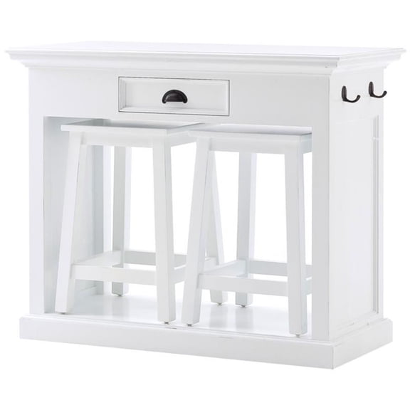 Beaumont Lane Modern Solid Mahogany Wood 3 Piece Kitchen Table Set with 2 Stools in Pure White, Assembled
