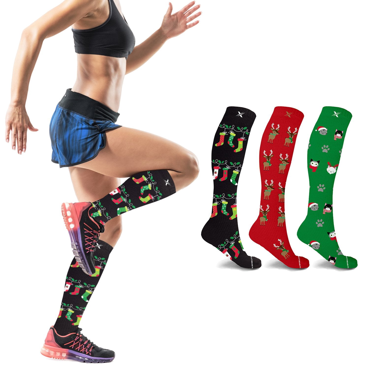 Holiday Compression Socks - Knee High Performance Socks for Running, Athletics, Travel, and Pregnancy - Improved Circulation & Support for Men and Women - 3 Pair