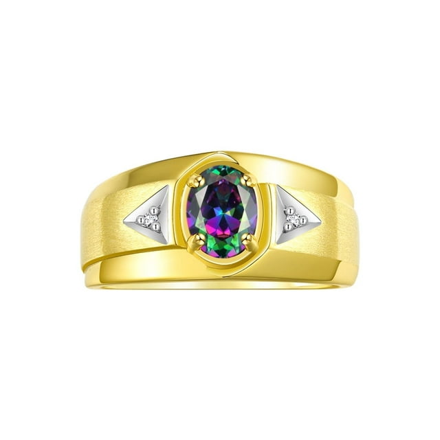 RYLOS Men's Rings 14K Yellow Gold Classic 7X5MM Oval Gemstone & Diamond Ring Alexandrite June Birthstone Rings For Men, Gold Rings Size 9