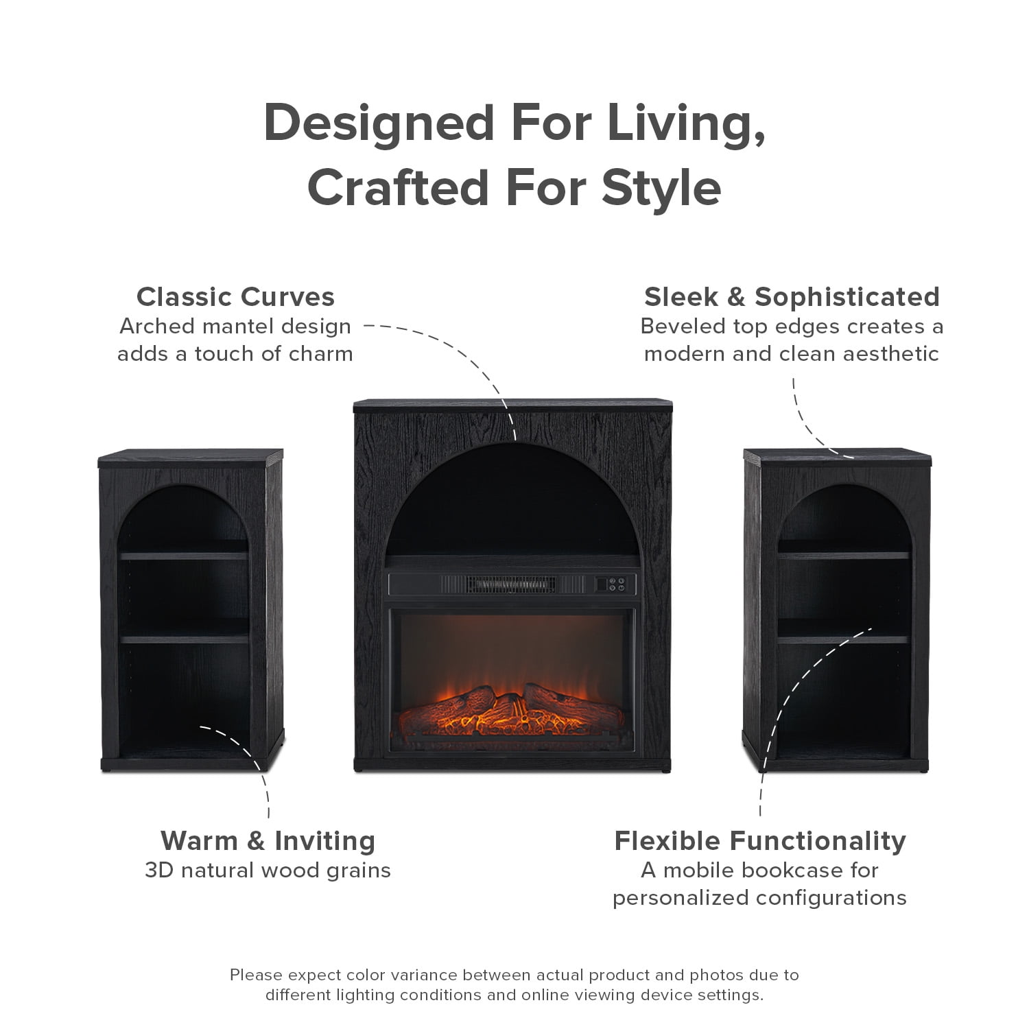 Mopio Blake 59" Arched TV Stand, Fireplace Mantel, Modular Side Storage Shelves, Entertainment Center for Living Room, Credenza, Media Console (Black, With Insert)