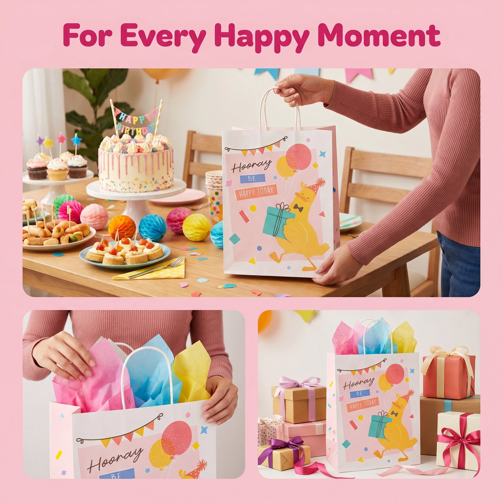 Vibrant Cartoon Gift Bags for Birthday Party Favors and Special Occasions Pink 5.9" x 3.1" x 8.3"
