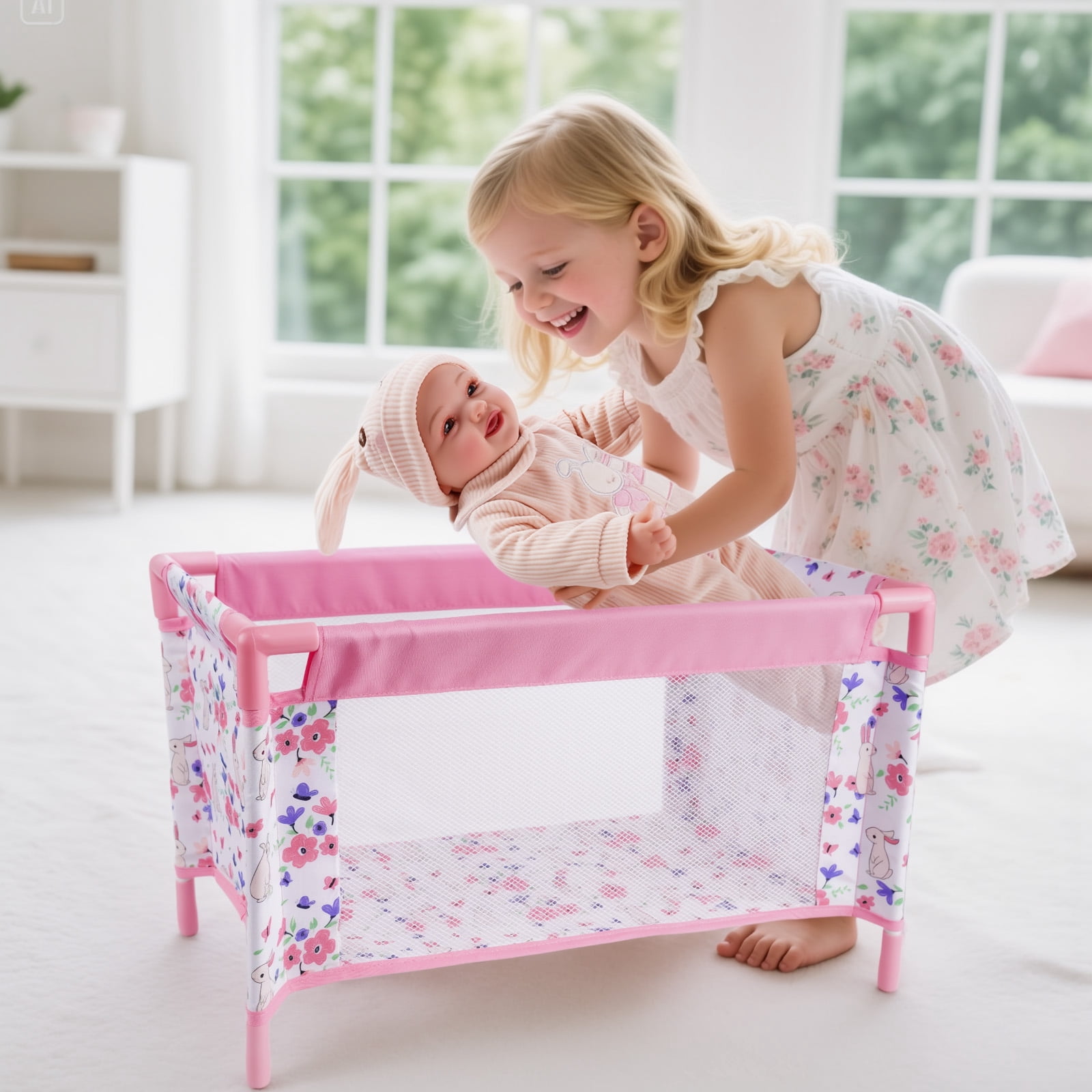 RSG Reborn Baby Doll Crib, Pink Floral Foldable Doll Bed for 17-20 Inch Reborn Dolls, Portable Doll Furniture with Storage Bag, Pretend Play Gift for Kids Ages 3+