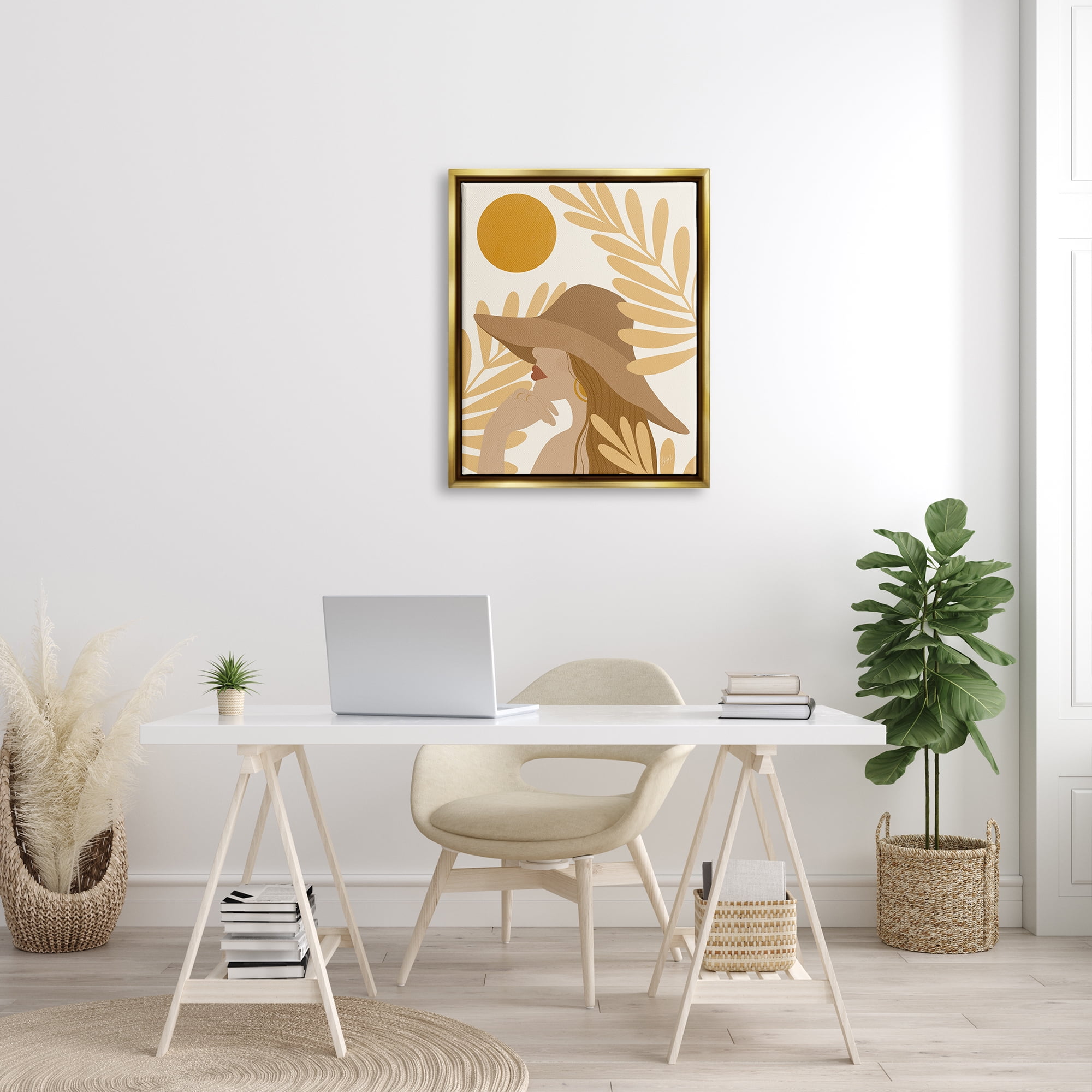 Stupell Industries Woman in Hat Warm Yellow Cutout Leaf Shapes Graphic Art Metallic Gold Floating Framed Canvas Print Wall Art, Design by Birch&Ink