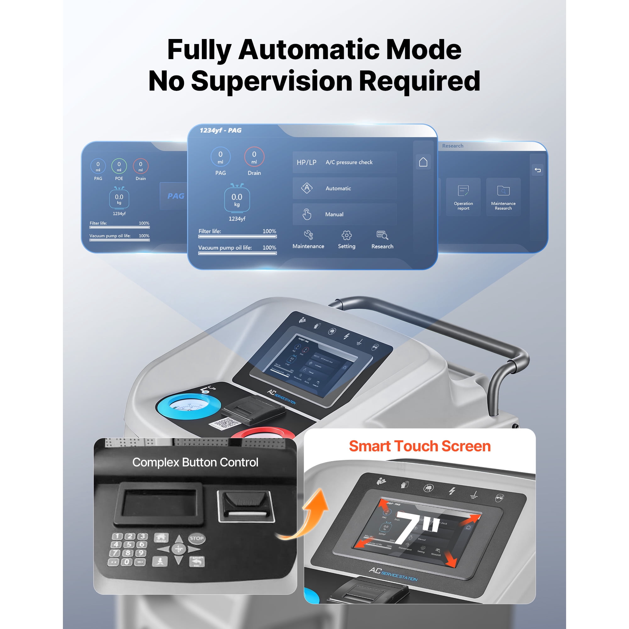 KFFKFF Fully Automatic Refrigerant Recovery Machine for 1234yf, High Accuracy, 7-Inch Touch Screen, AC Recovery, Vacuum, and Recharge for Standard and High Voltage Automotive A/C Systems